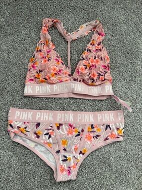 PINK Victoria's Secret Pink Floral Lace Bralette & Bikini Set